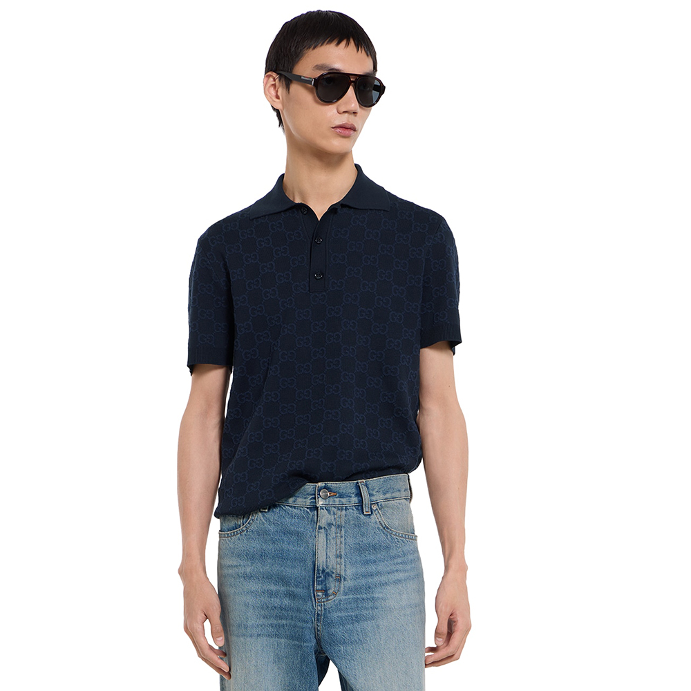 Gucci blue Clothing GUCCI GG Cotton Silk Jacquard Polo Shirt in dark blue#390371 View 2 | Nigo Office