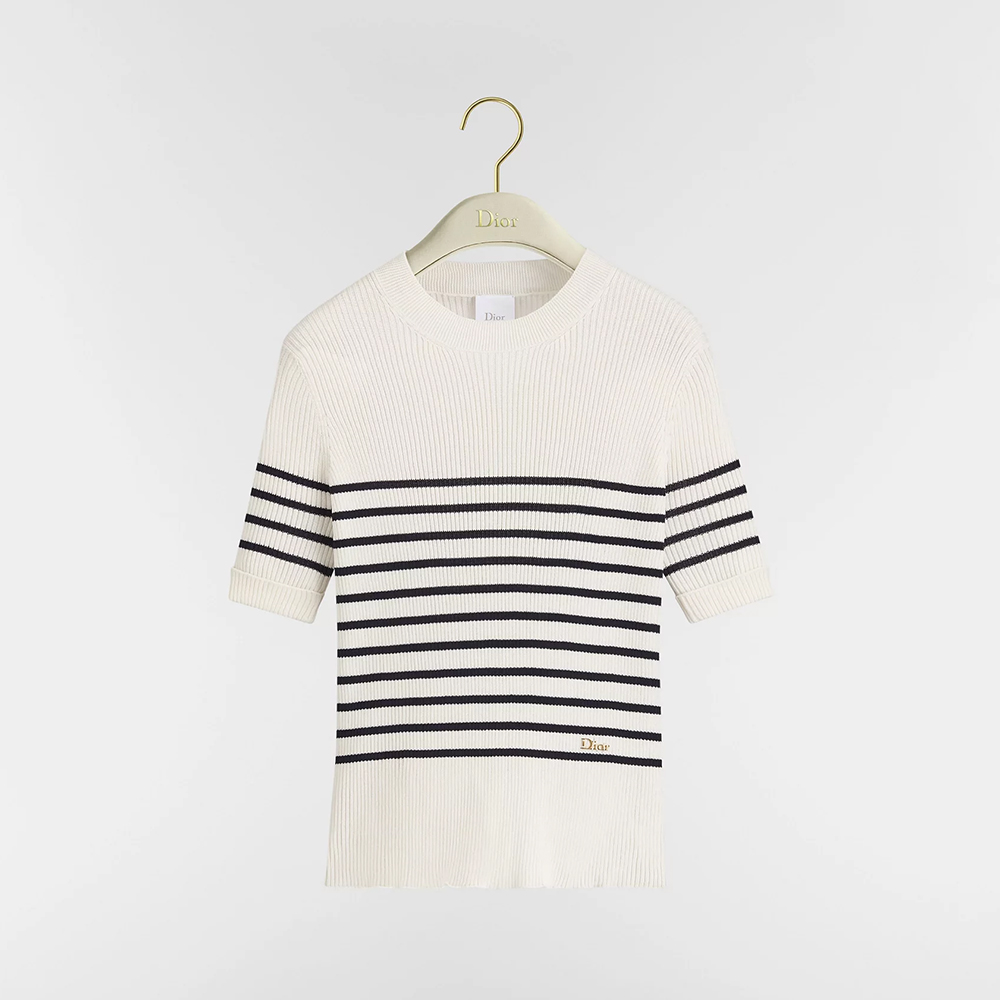 DIOR Top-quality Version Dioriviera Short-Sleeved Fitted Sweater Ecru and Navy Blue D-Stripes Ribbed Cotton Knit #397120