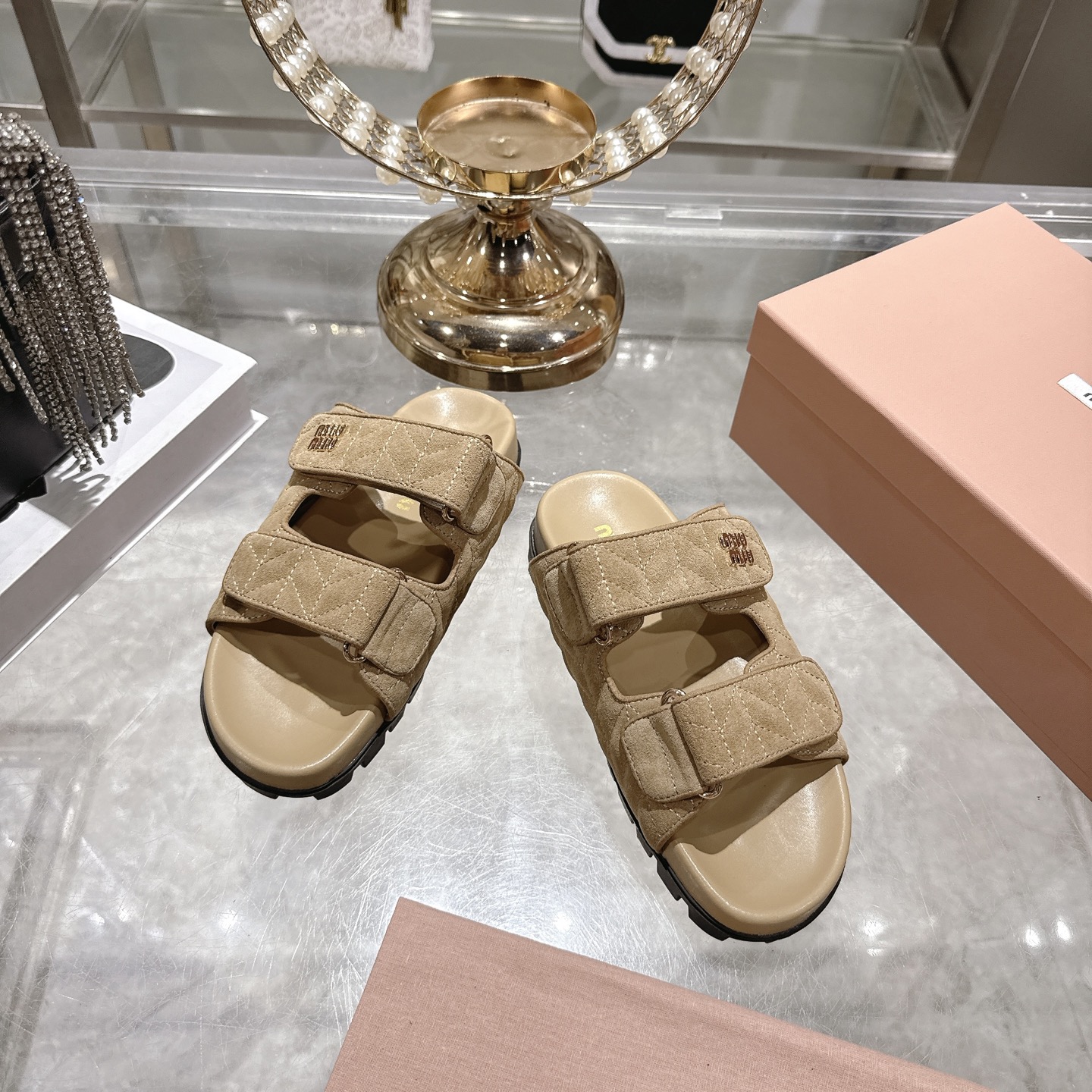 [TOP] Miu Miu Cowhide Slippers - Khaki - 711 Luxury