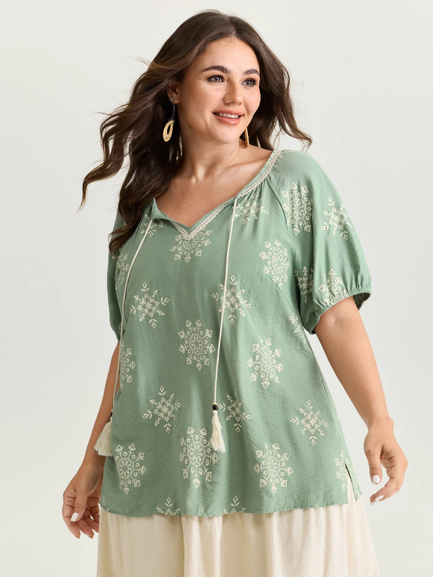 Boho Print Puffy Sleeve Blouse
