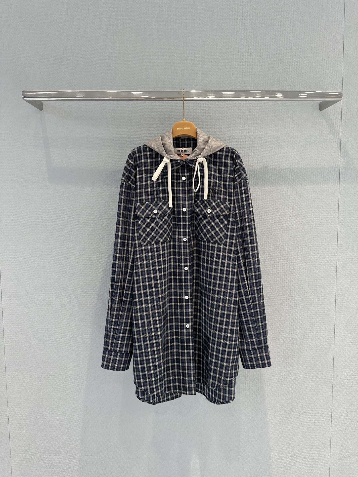 [TOP] Miu Miu Plaid Hooded Long Shirt - Gray - 711 Luxury