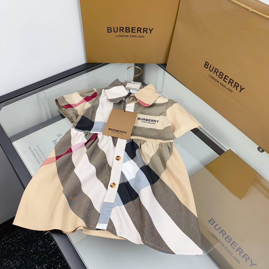Burberry Girls Vintage Check Peter Pan Collar Short Sleeve Cotton Shirt Dress Kids Classic Plaid A-Line Dress Sizes 80-120