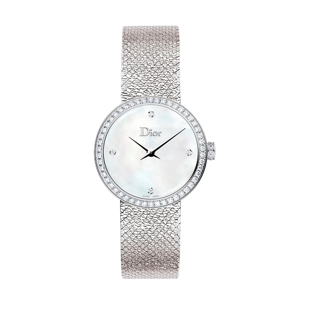 Dior white Clothing DIOR La D de Dior Satine Ø 28 MM Steel White Mother-Of-Pearl and Diamonds #389803 | Nigo Office