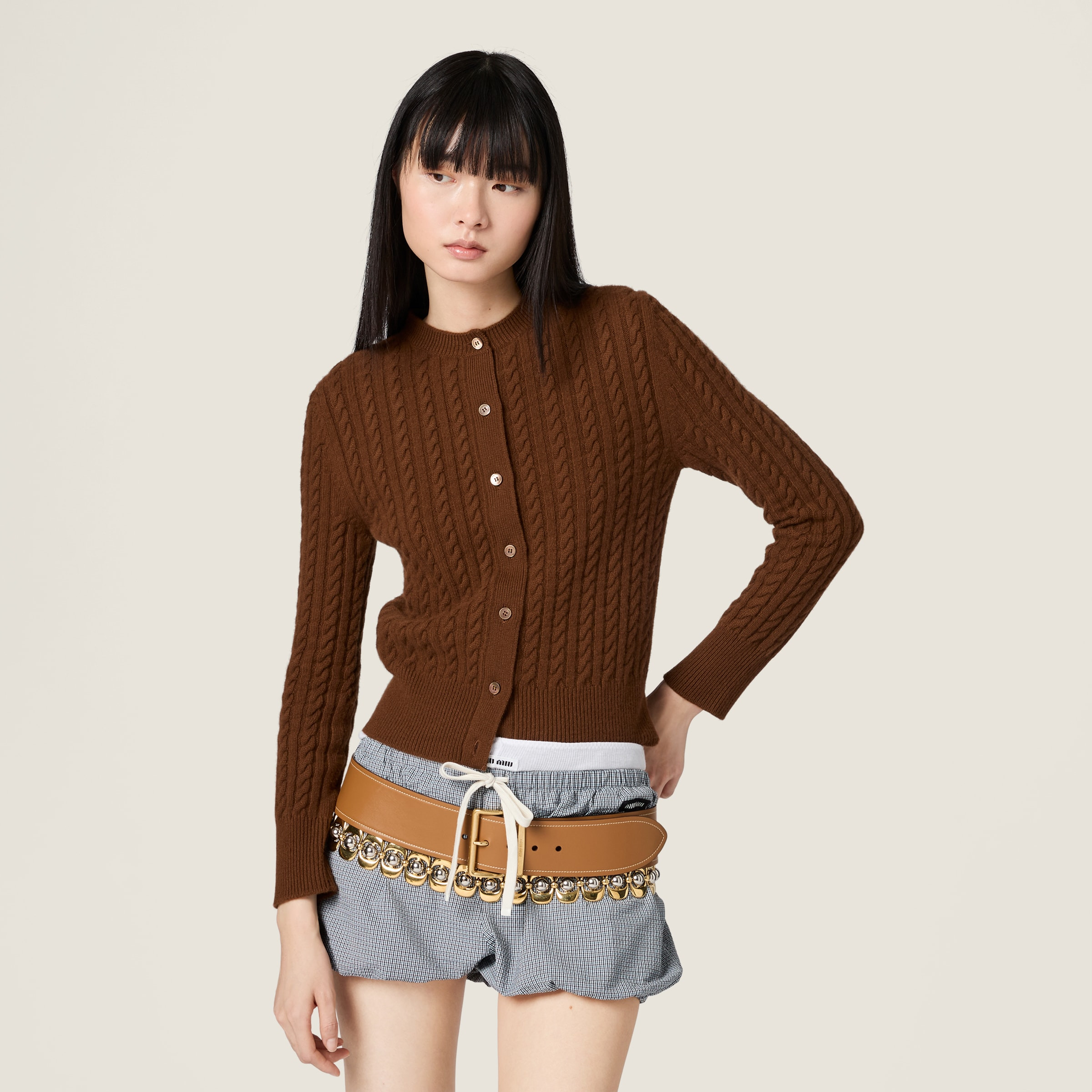 Designer Clothing MiuMiu Cable-knit Cashmere Cardigan #389762 View 2 | Nigo Office