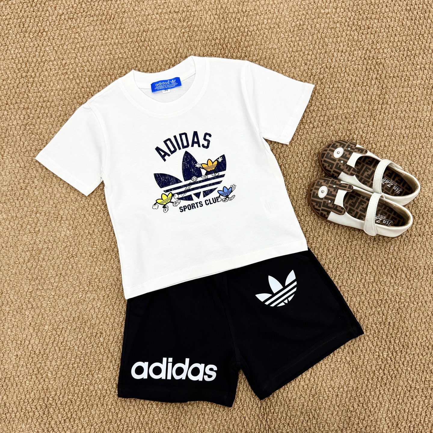 Adidas Unisex Kids Cartoon Trefoil Print Crew Neck Cotton Short Sleeve T-Shirt & Logo Sports Shorts Set Boys Girls Sizes 90-150