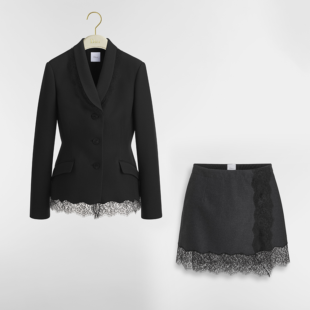 DIOR Bar Jacket and MiniSkirt Black Wool Silk and Lace #388458