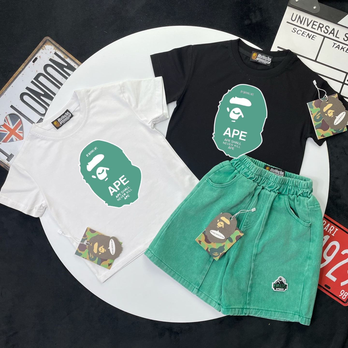 Bape X Xlarge Unisex Kids Black White Green Ape Head Print Short Sleeve T-Shirt & Green Washed Denim Shorts Set Boys Girls Sizes 90-150