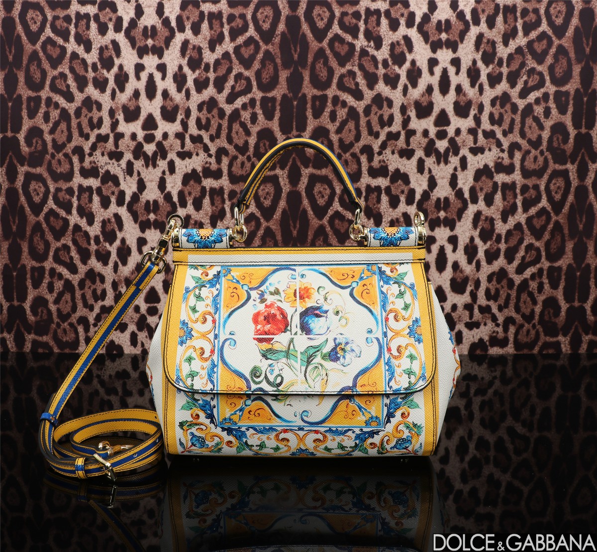 [TOP] Dolce & Gabbana D&G Printed Sicily Bag 25x12x20cm - White/Yellow