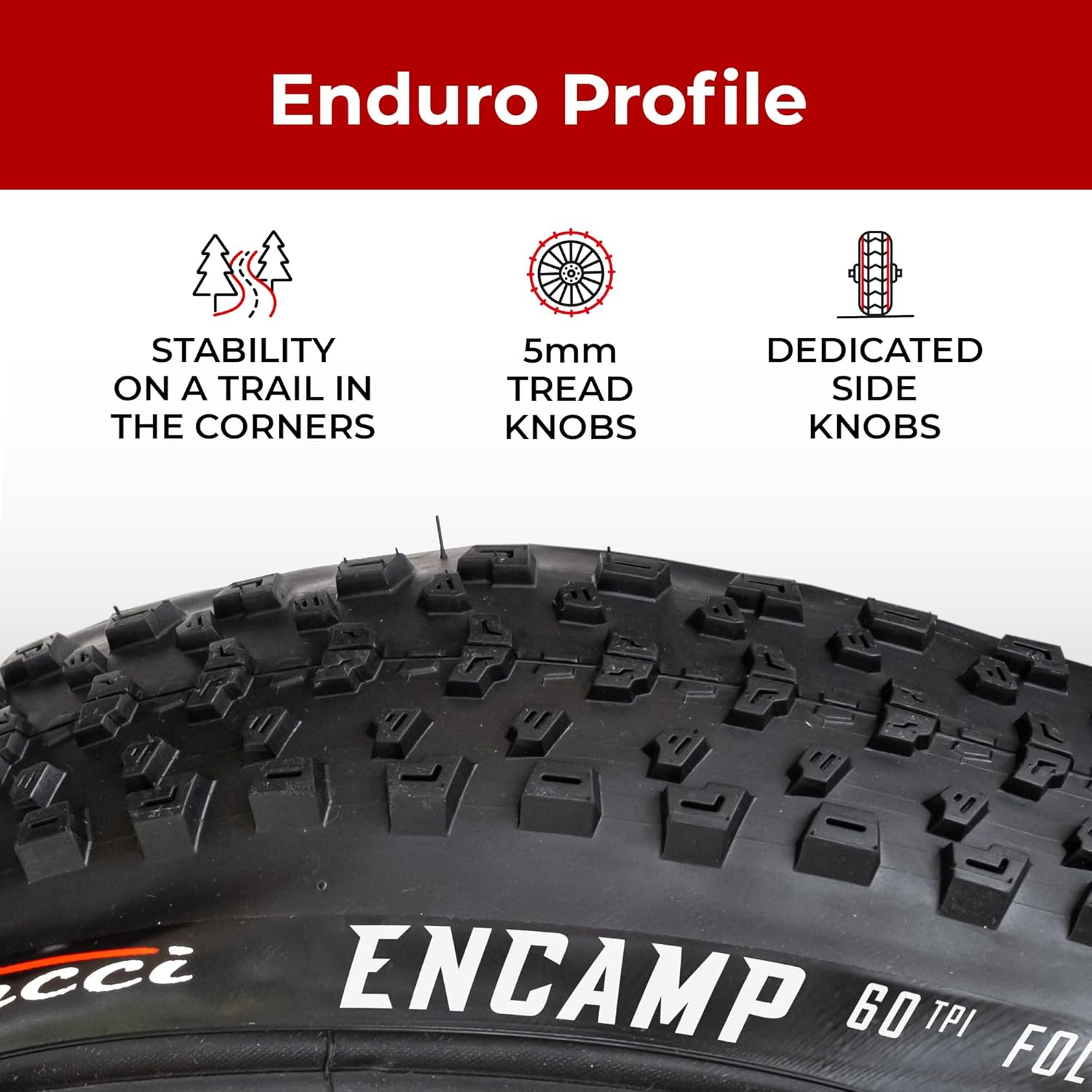 enduro profile mountain bike tire with 5mm tread knobs and side knobs for trail stability