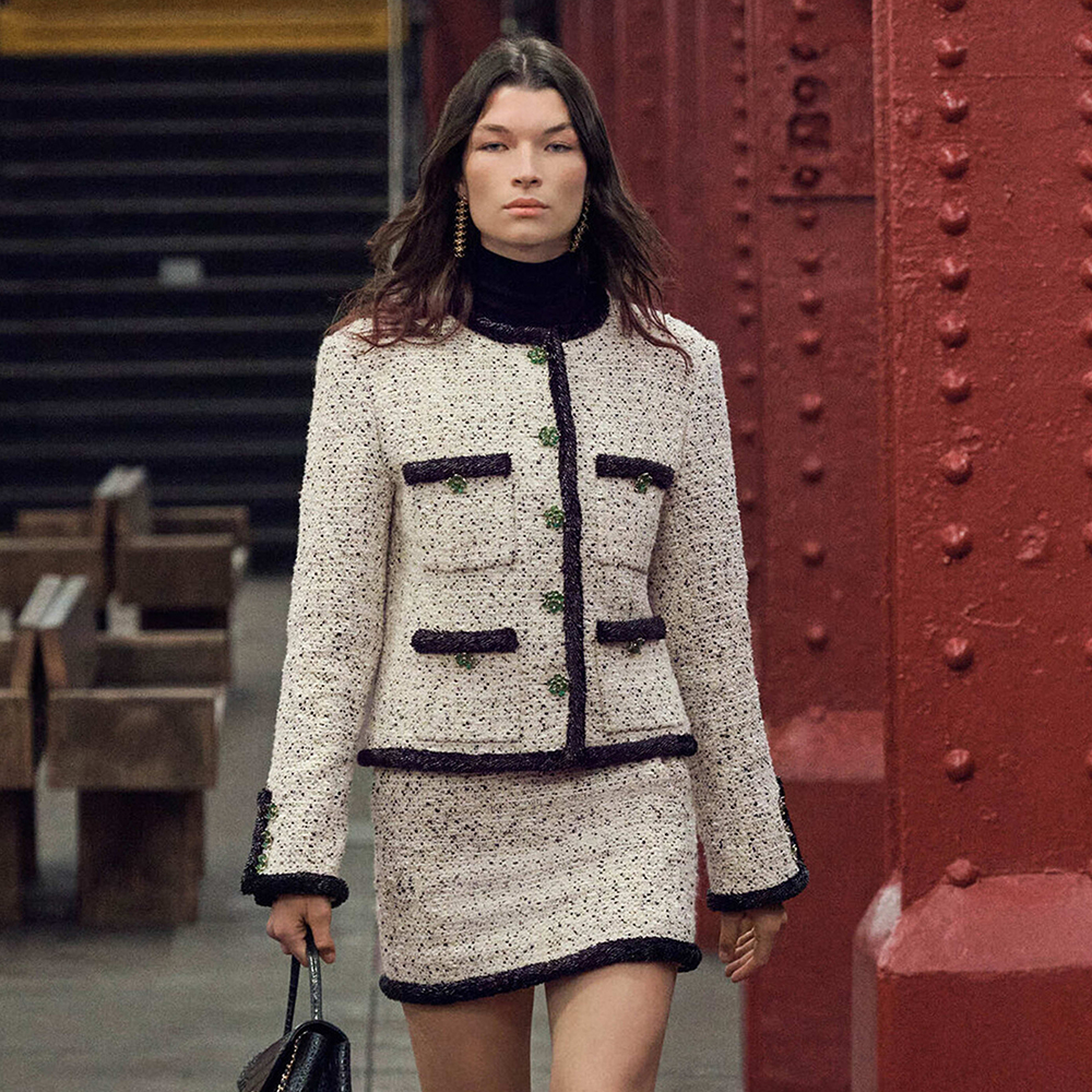 Chanel black Clothing CHANEL Jacket and Short Skirt Tweed White Black #395246 | Nigo Office