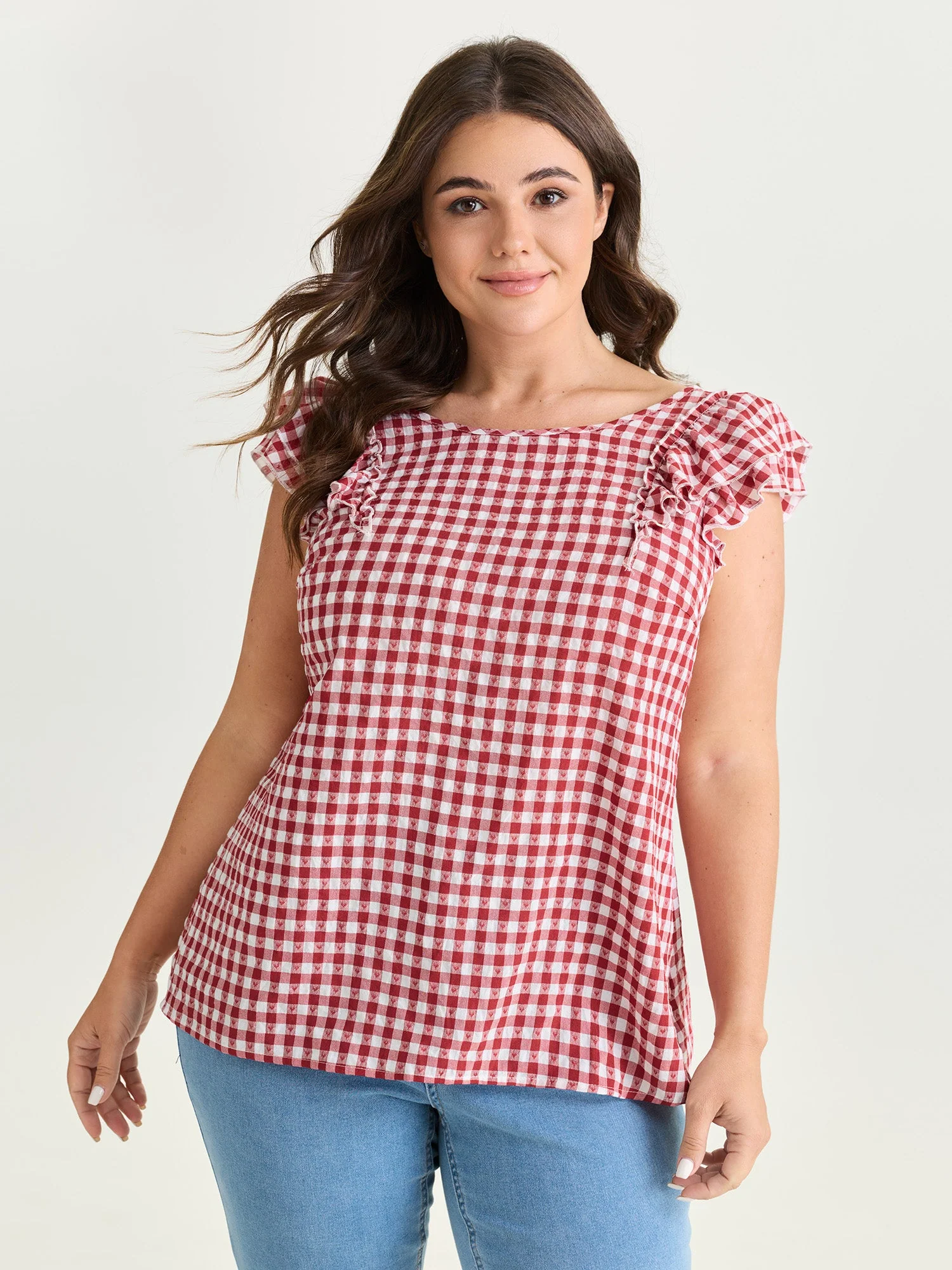 Gingham Print Layered Flutter Sleeve Blouse