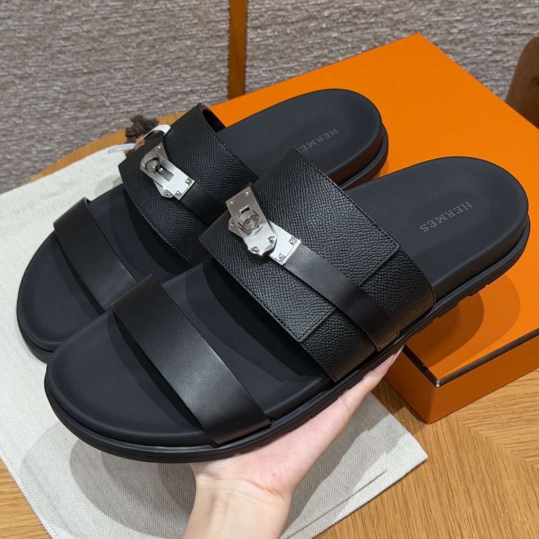 [TOP] HERMES Men's Jackson Calfskin Slippers - Black - 711 Luxury