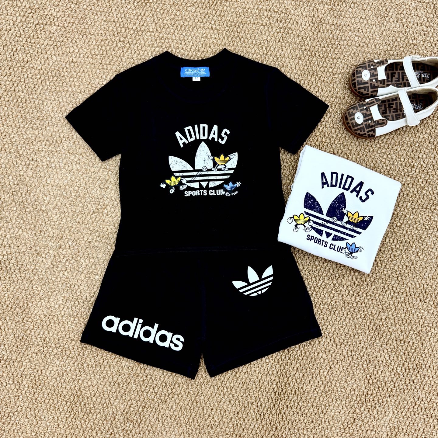 Adidas Unisex Kids Cartoon Trefoil Print Crew Neck Cotton Short Sleeve T-Shirt & Logo Sports Shorts Set Boys Girls Sizes 90-150