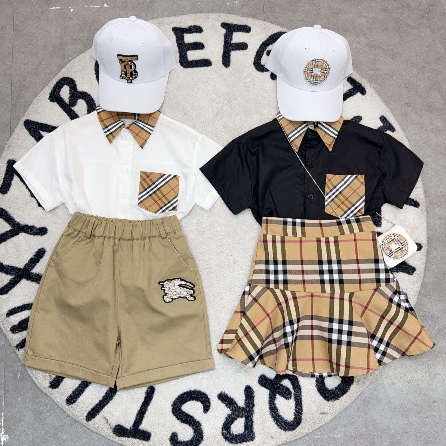 Burberry Sibling Matching Short Sleeve Shirt Skirt & Shorts Two Piece Set Boys Girls Multiple Styles Sizes 90-160