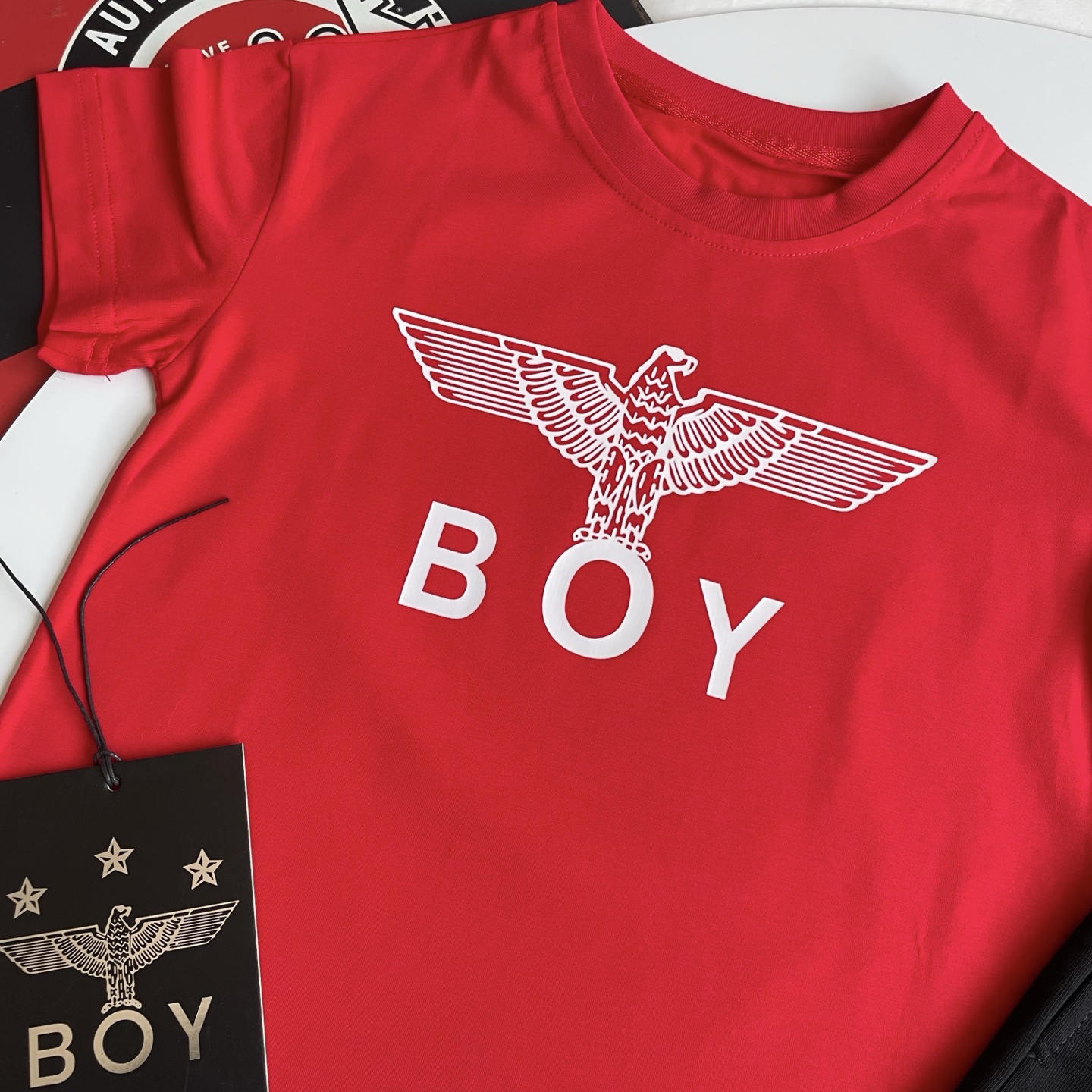 Boy London Unisex Kids Red Eagle Logo Short Sleeve T-Shirt & Black Drawstring Casual Shorts Set Boys Girls Sizes 90-150