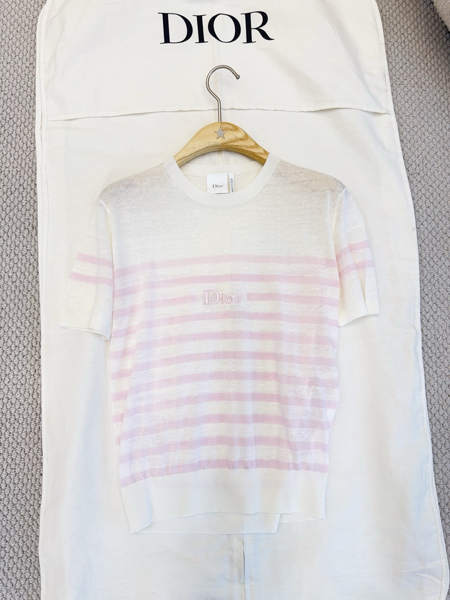 Dior white Clothing DIOR Dioriviera Short-Sleeved Sweater White and Pink D-Stripes Linen Cashmere and Silk Knit #388875 View