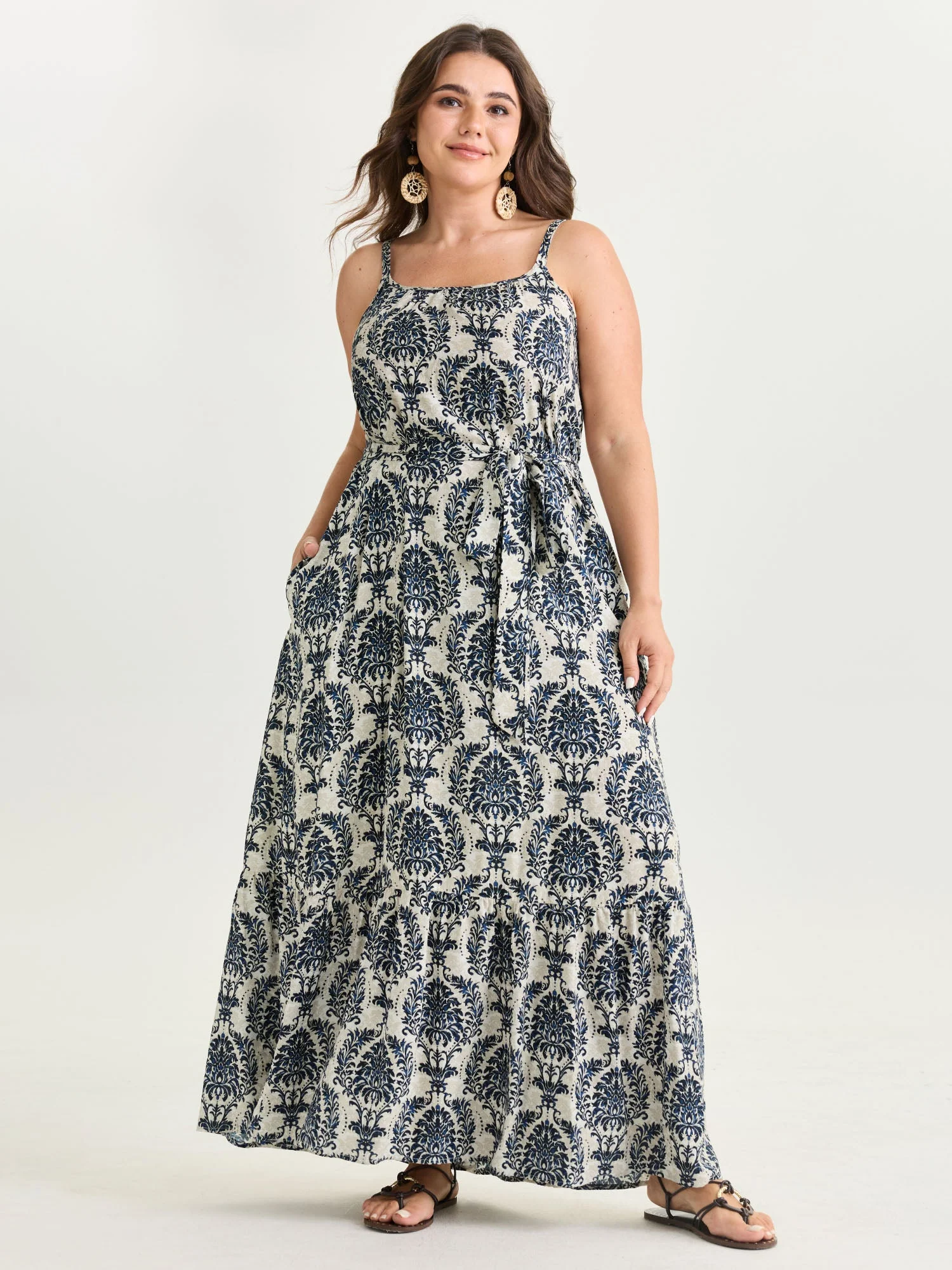Supersoft Damask Print Waist-Tie Maxi Dress