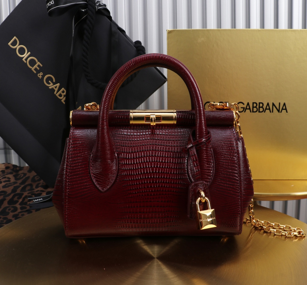 [TOP] Dolce & Gabbana D&G Marlene Bag Calfskin with Lizard Print 19x13.5x7cm - Dark Red - 711 Luxury