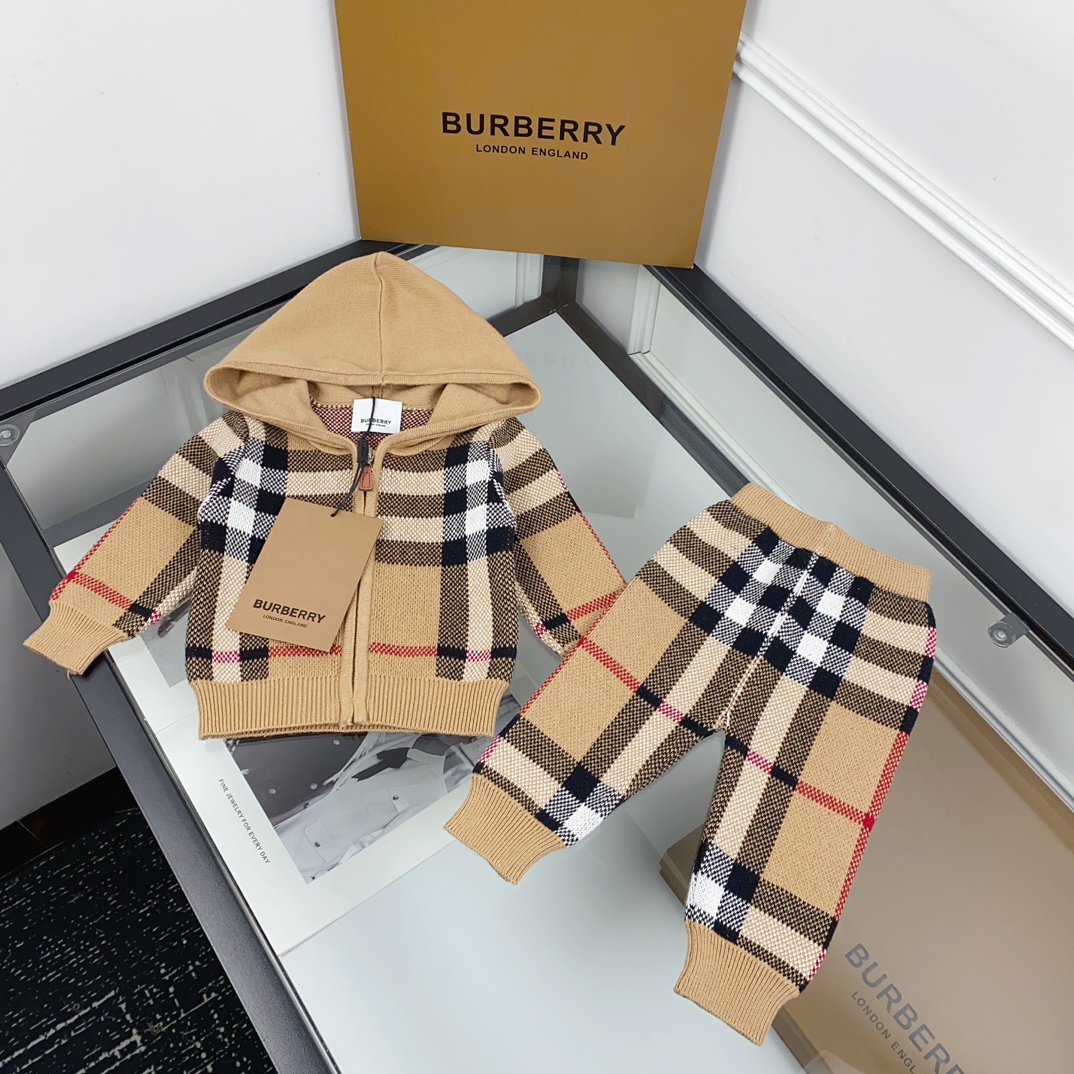 Burberry Unisex Baby Kids Vintage Check Hooded Zip Knit Cardigan & Knit Jogger Pants Two Piece Set Boys Girls Sizes 80-120
