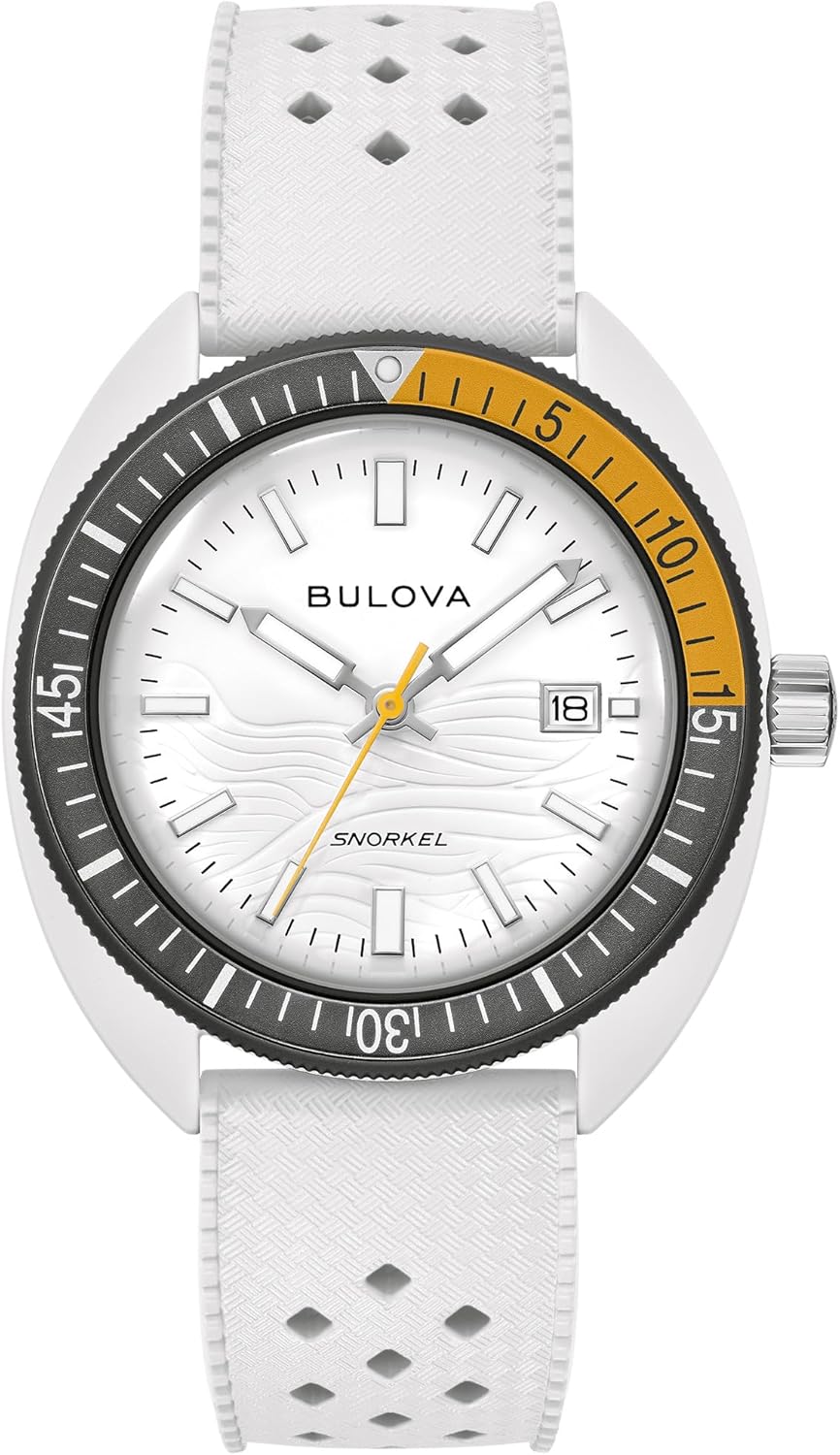 Bulova Oceanographer Snorkel Amazon Exclusive Ceramic Case and White Perforated Rubber Strap Watch, Day Date 100M WR