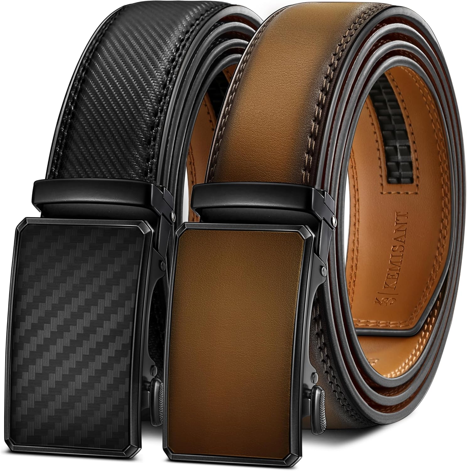 KEMISANT Men Belt 2 Pack, Leather Ratchet Belt Easy Click Slide For Men 1 3/8,Cut for Fit