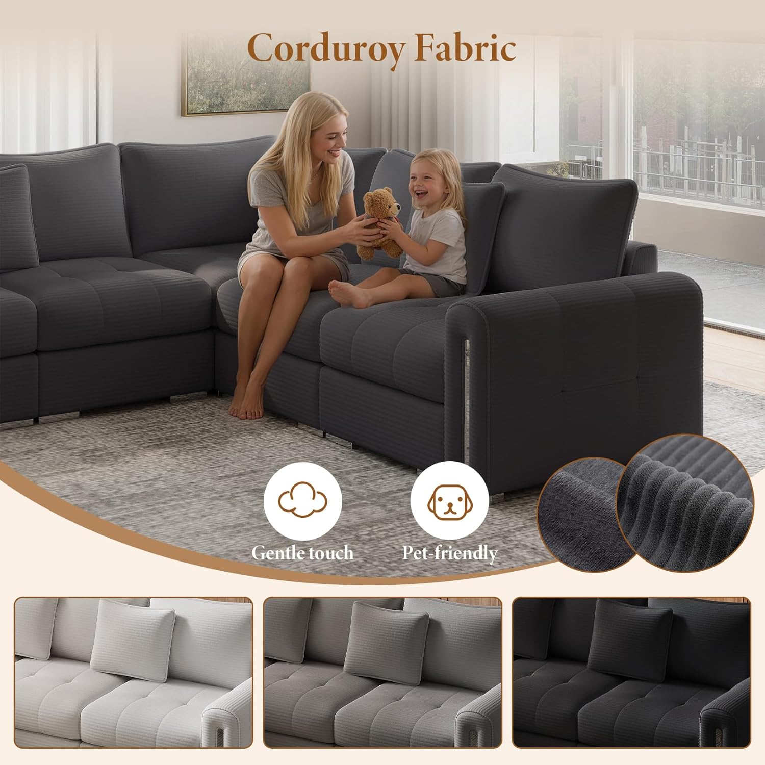 Vesgantti 3 Seater Sofas with Storage, Modular Sectional Dark Grey Sofa for Living Room in soft Corduroy, Small Couch for Bedroom, Home Office, Studio, 3 Seater