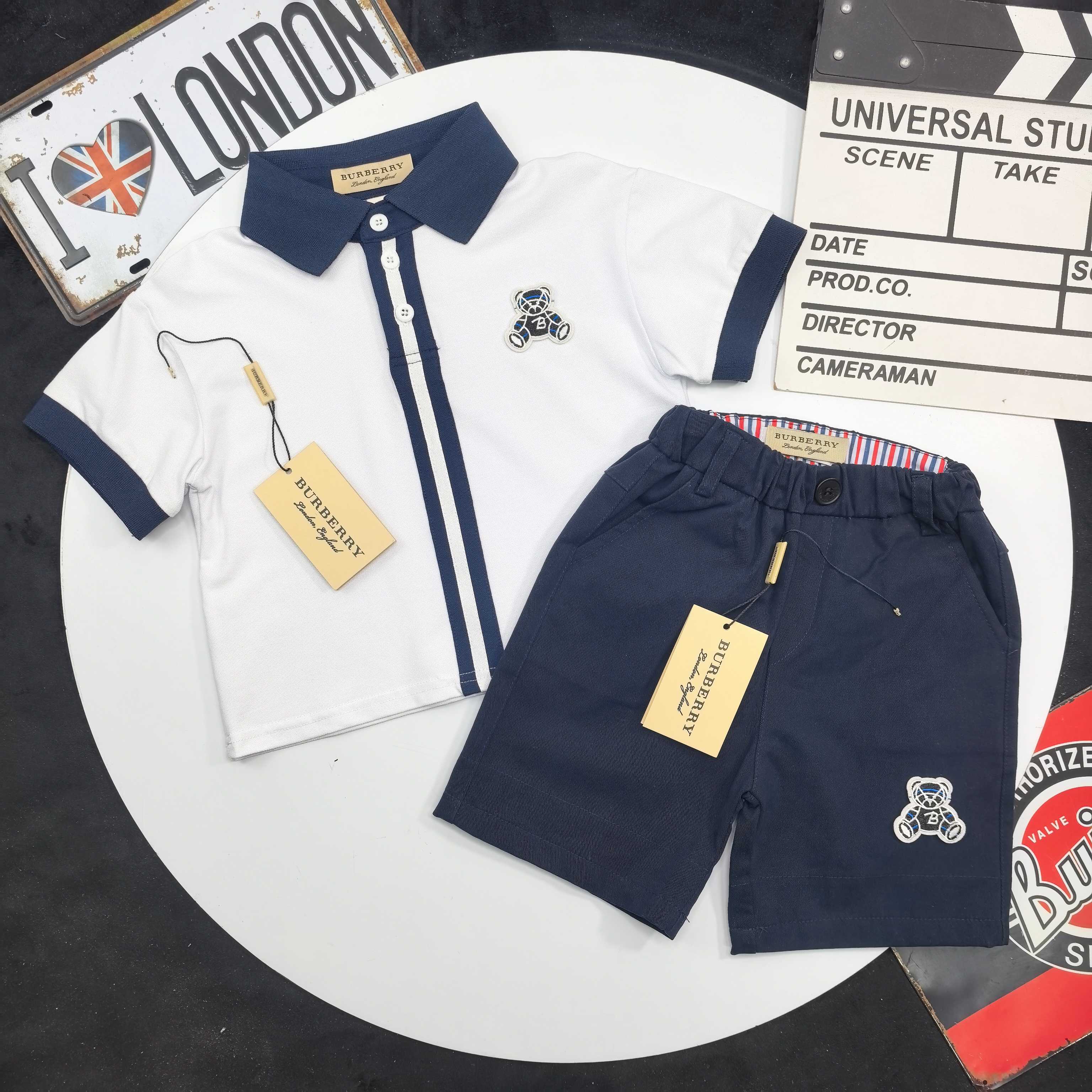 Burberry Unisex Kids White Navy Trim Teddy Bear Embroidery Polo Shirt & Navy Cotton Shorts Two Piece Separates Set Boys Girls British School Outfit Sizes 90-160