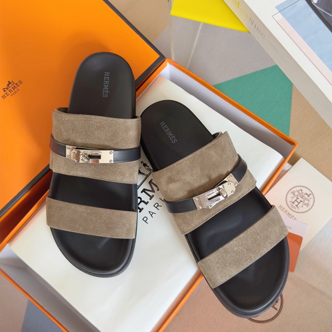 [TOP] HERMES Men's/Women's Jackson Calfskin Slippers - Gray - 711 Luxury