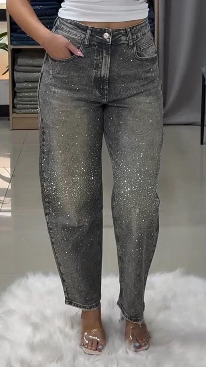 Women Rhinestone Washed Casual Jeans