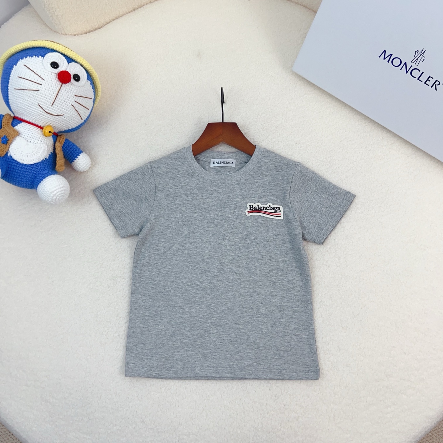 Balenciaga Unisex Kids Woven Patch Logo Crew Neck Short Sleeve T-Shirt Cotton Modal Boys Girls Summer Basic Tee Sizes 90-170