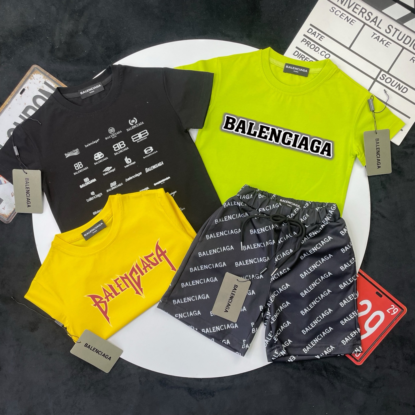 Balenciaga Unisex Kids Multi Logo Print Short Sleeve T-Shirt & All Over Letter Print Casual Shorts 2 Piece Outfit Boys Girls Sizes 90-150