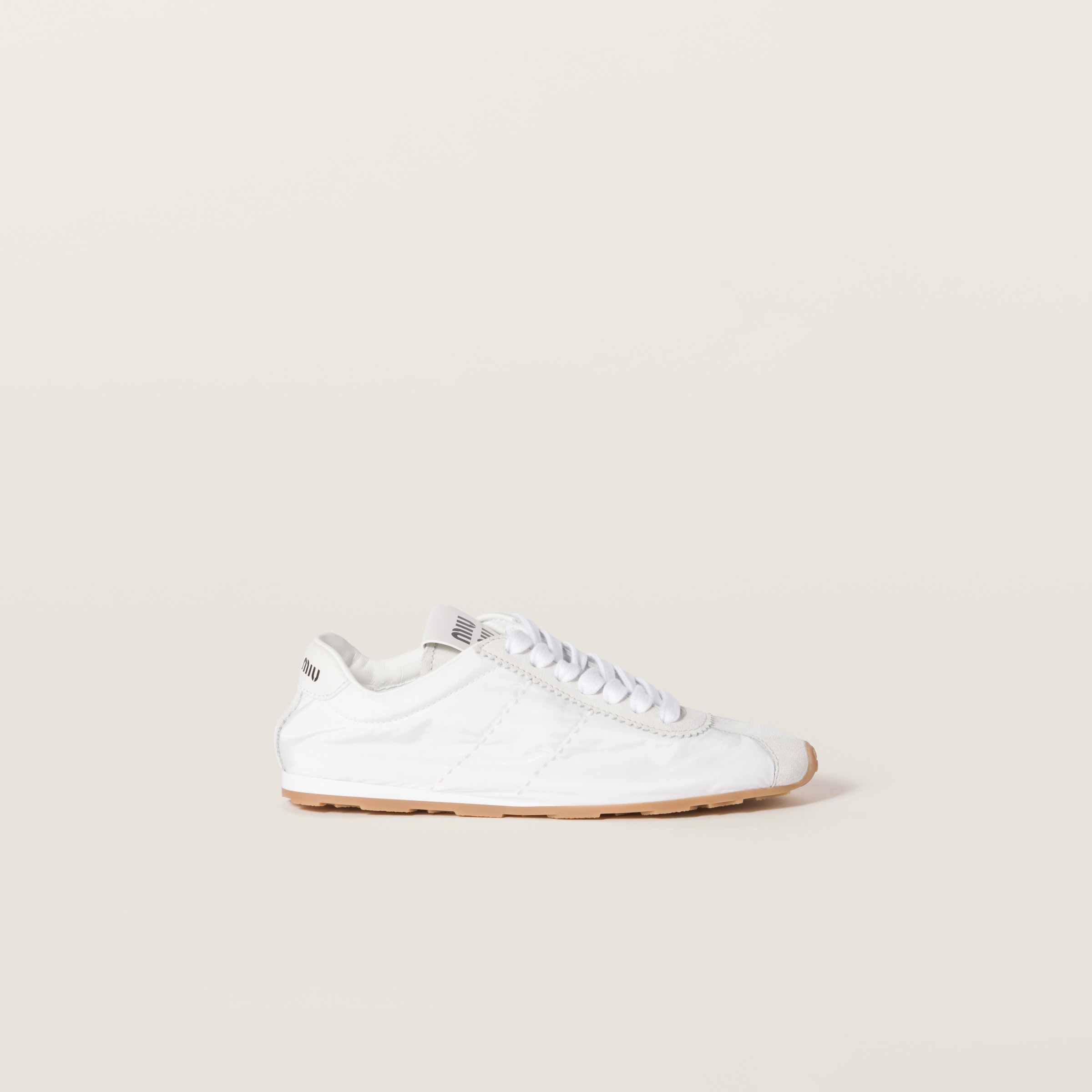 MiuMiu White Plume Technical Fabric And Suede Sneakers