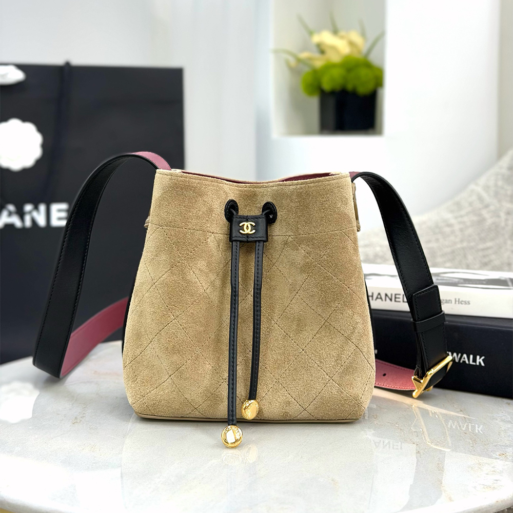 Chanel black Bag CHANEL Small Bucket bag Suede calfskin calfskin gold-tone metal dark beige black#396369 | Nigo Office