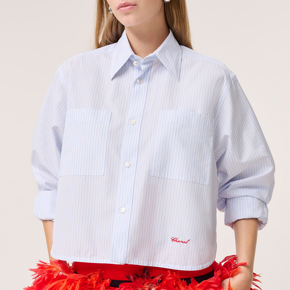 Chanel Top-quality Version Long-sleeved Shirt Cotton Poplin Blue White #381261