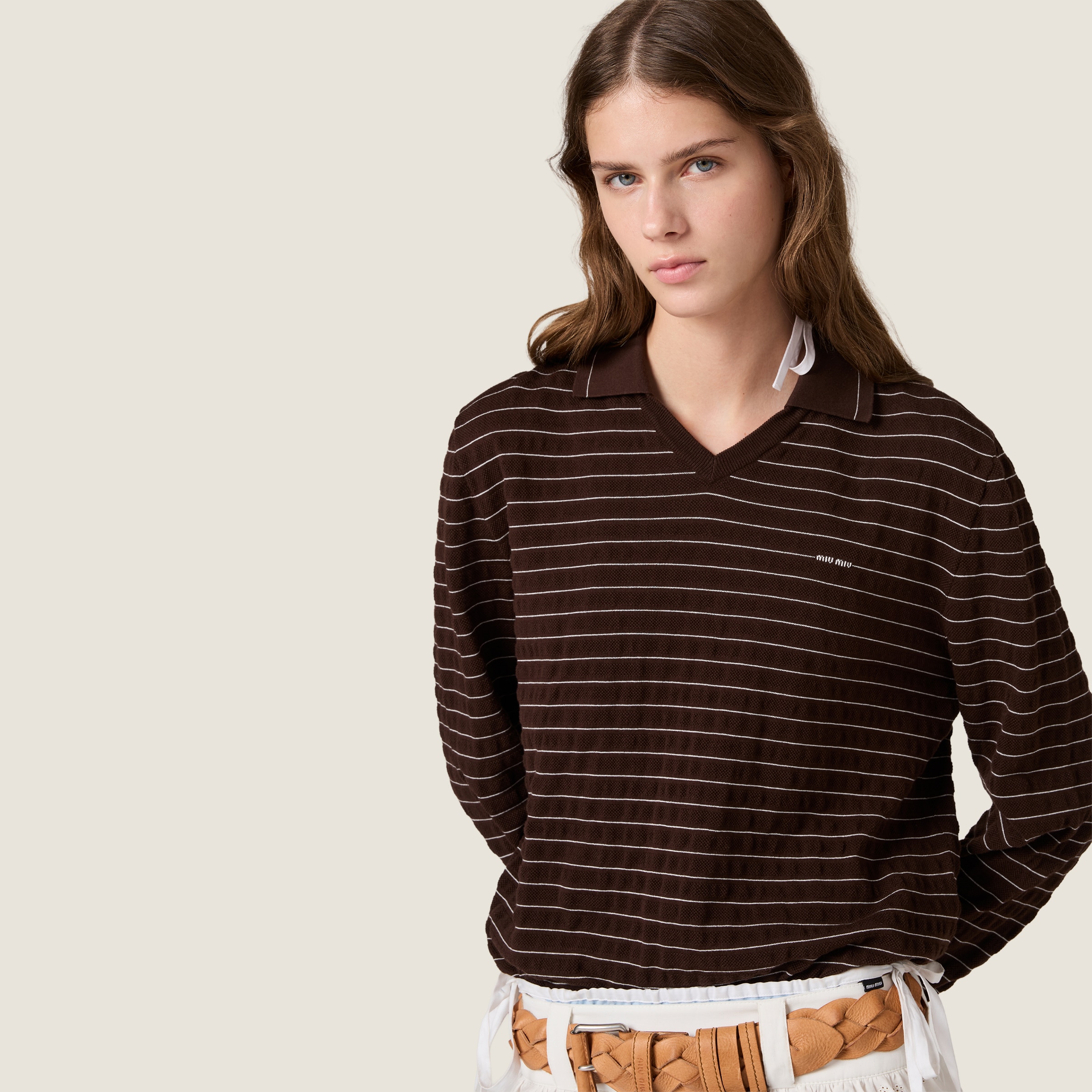 Designer brown Clothing MiuMiu Cocoa Brown V-neck Cotton Sweater #396724 View 2 | Nigo Office