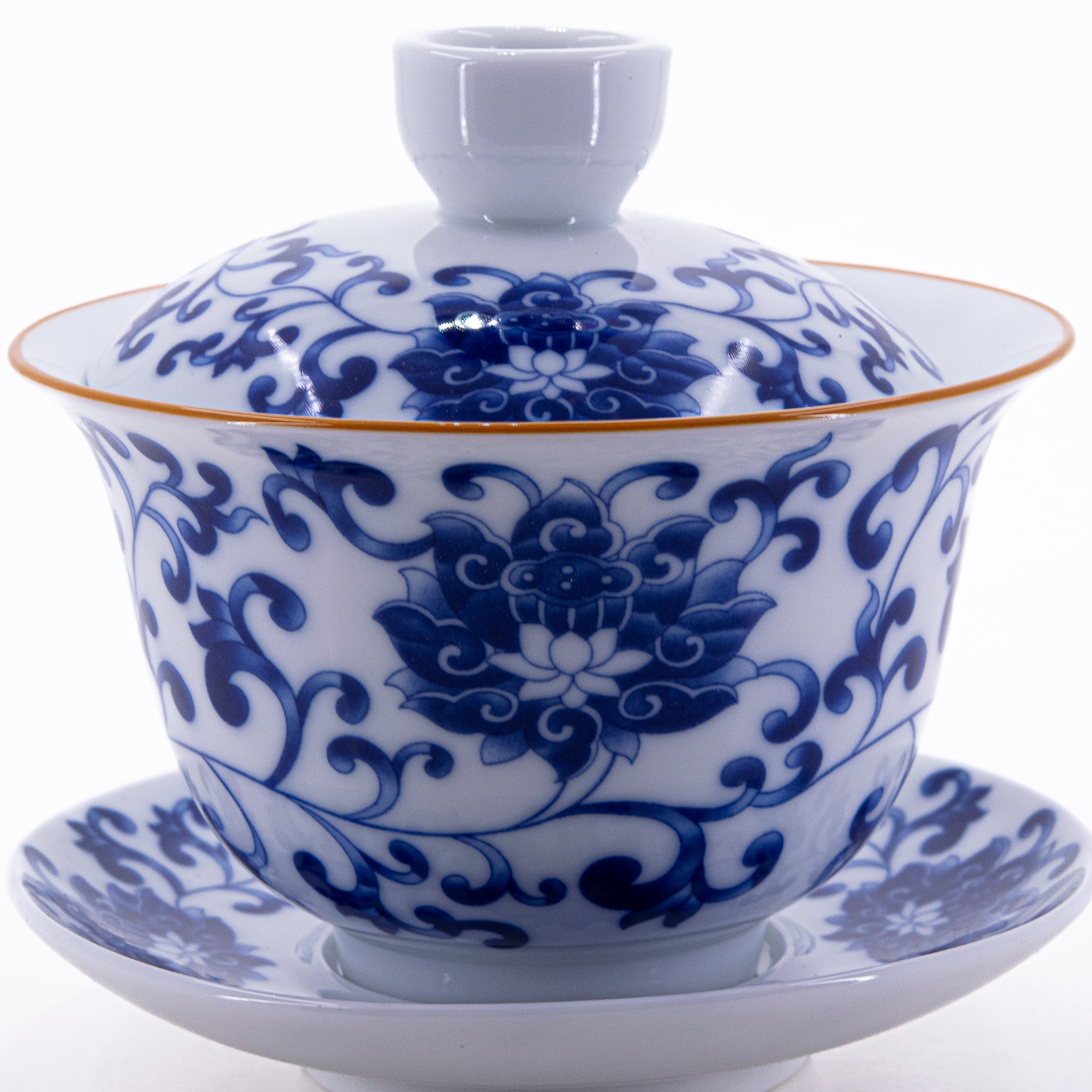 Brown Rim Blue and White Porcelain Gold Rim Chan Zhi Lian Design Gaiwan #3a