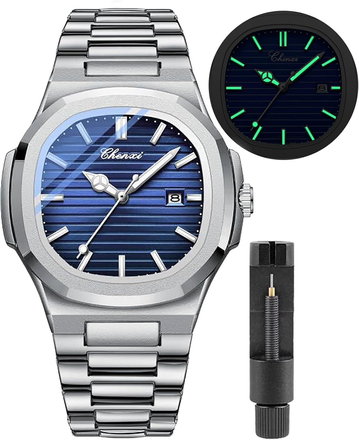 Gosasa Mens Stainless Steel Watch, Quartz Analog Watches for Men with Date, Waterproof Luminous Business Dress Wristwatch, Classic Casual Fashion Watch for Men