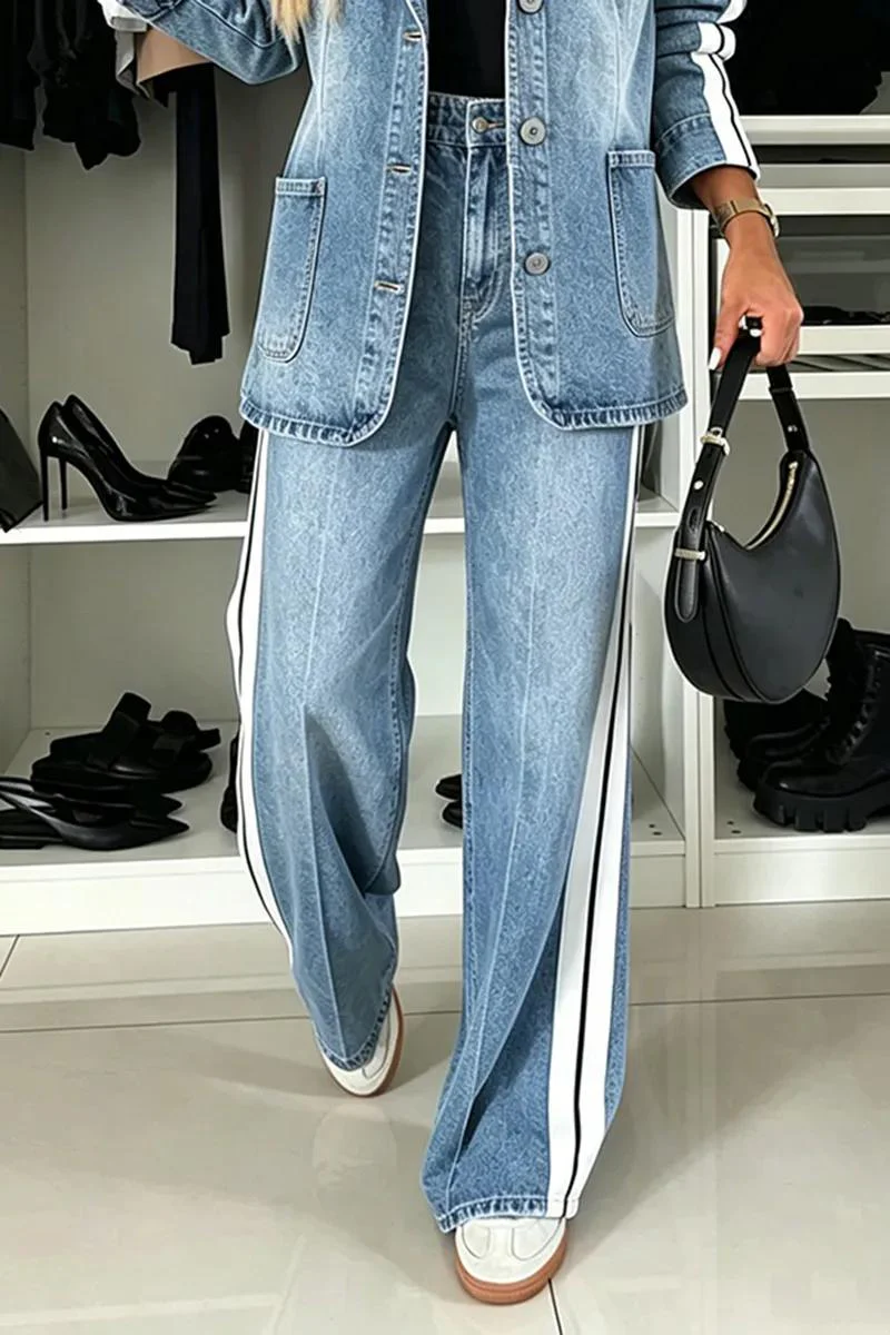 Women Collar Vertical Stripe Washed Denim Jacket + Jeans