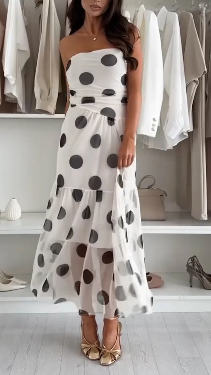 Women Strapless Patchwork Polka Dot Elegant Casual Dress