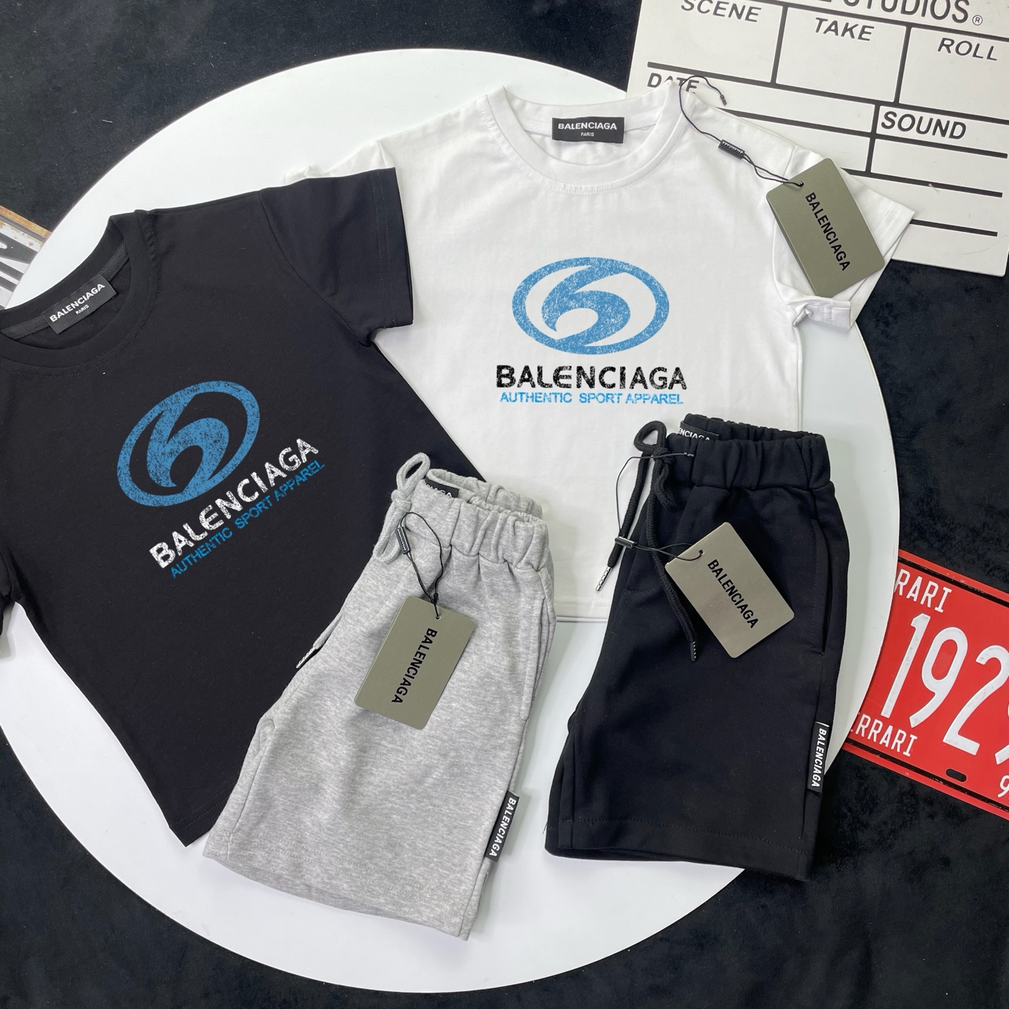 Balenciaga Unisex Kids Black White Blue Circle 6 Sport Logo Short Sleeve T-Shirt & 2 Options Heather Gray Black Drawstring Sweat Shorts 2 Piece Set Boys Girls Sizes 90-150