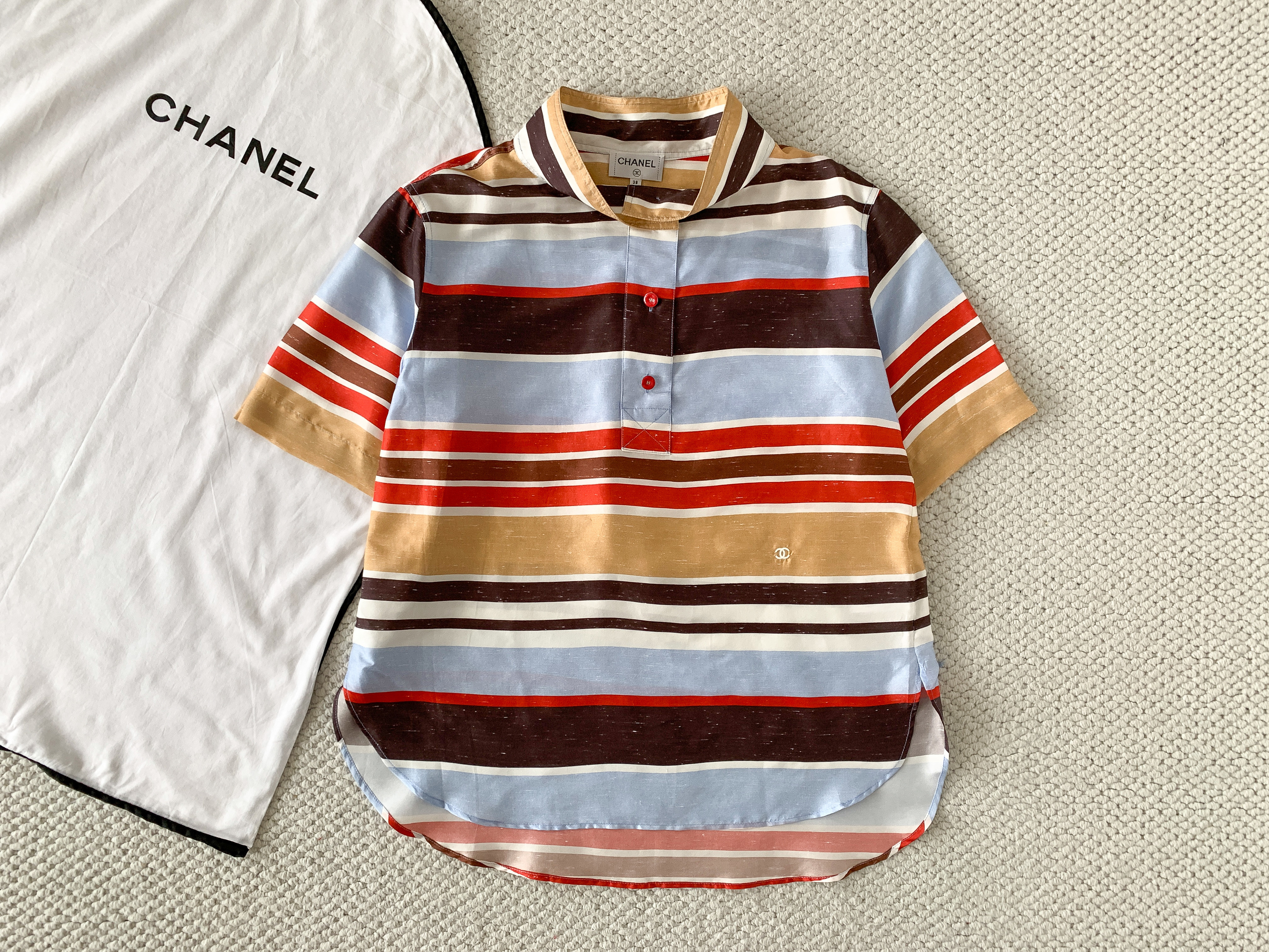 CHANEL Top Silk Blue Red Brown Beige White #387007
