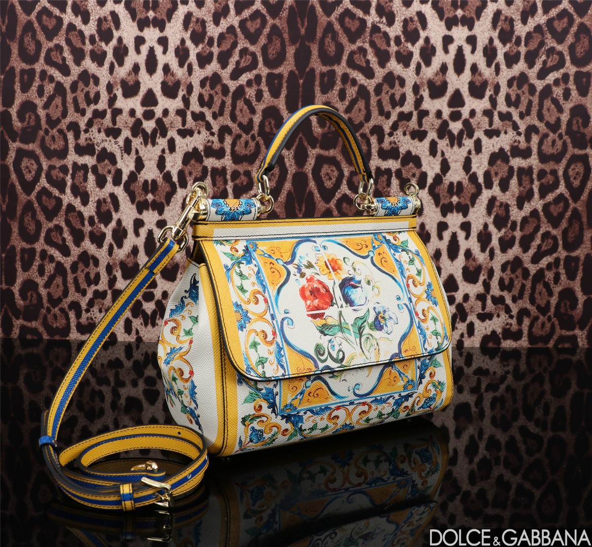 [TOP] Dolce & Gabbana D&G Printed Sicily Bag 25x12x20cm - White/Yellow