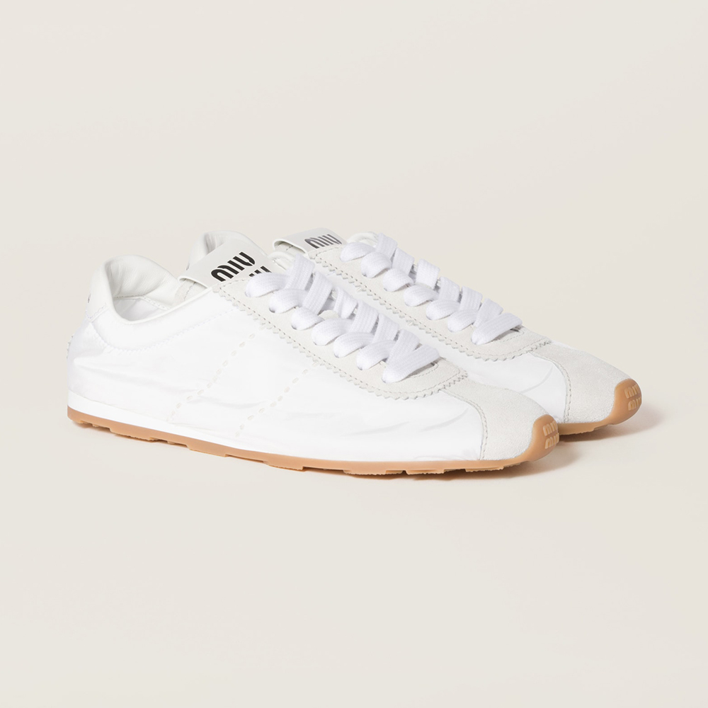 MiuMiu White Plume Technical Fabric And Suede Sneakers
