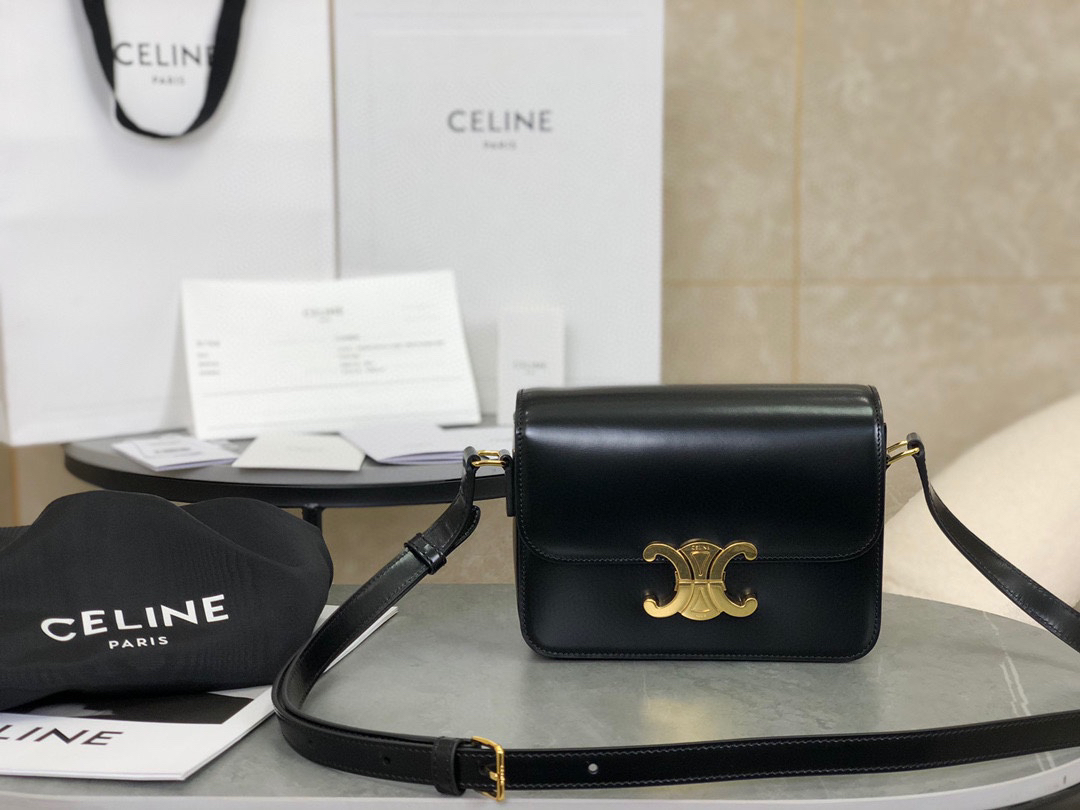 [TOP] CELINE Triomphe Bag Box Leather 18.5x14x6cm - Black - 711 Luxury
