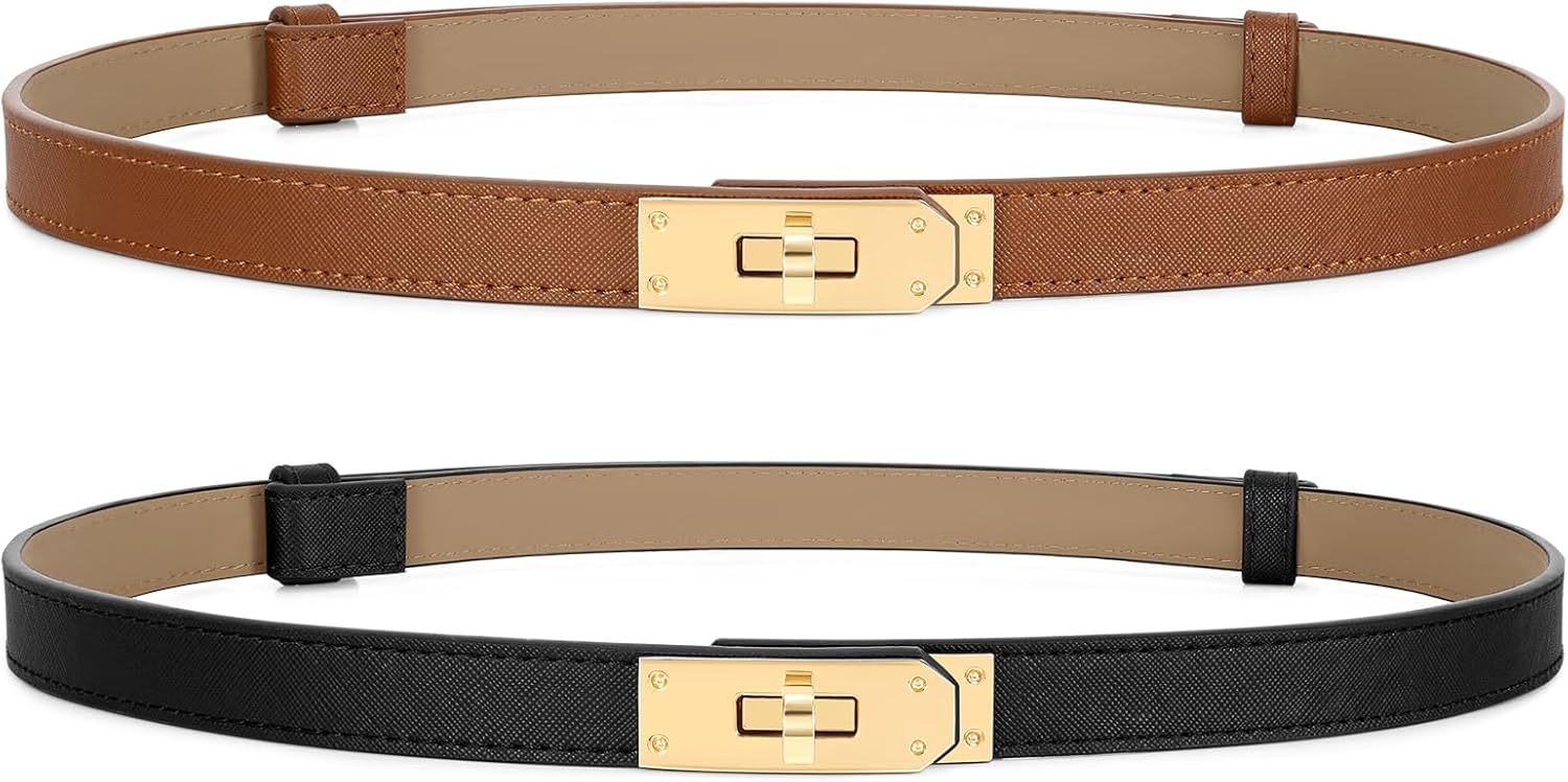 Horsopia 2 Pack Women Skinny Leather Belt for Dresses Jeans Solid Color Alloy Turn Lock