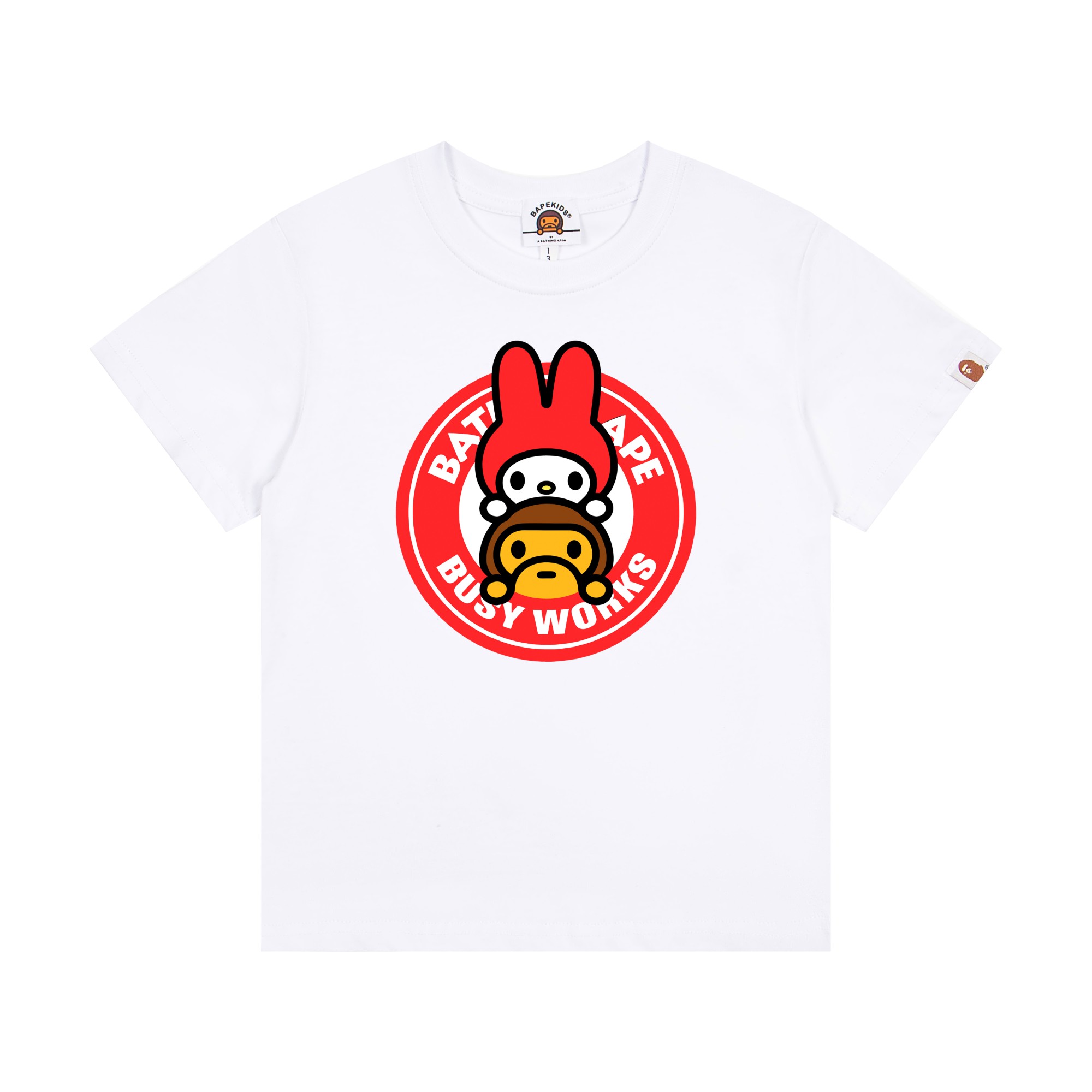 Bape Unisex Kids Red White Black Pink My Melody Baby Milo Busy Works Circle Graphic Short Sleeve T-Shirt Boys Girls Sizes 90-150