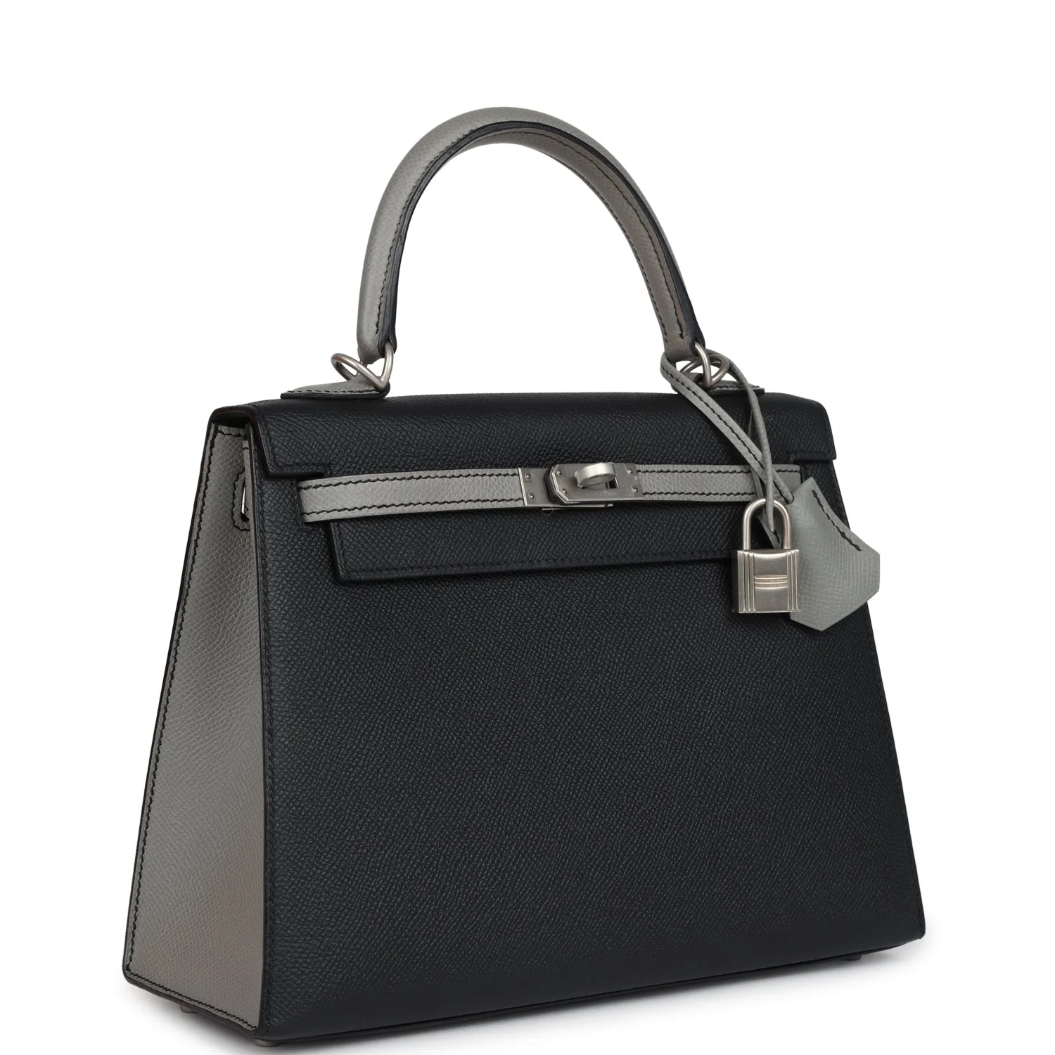 Hermes Special Order (HSS) Kelly Sellier  Black and Gris Mouette Epsom Brushed Gold Hardware