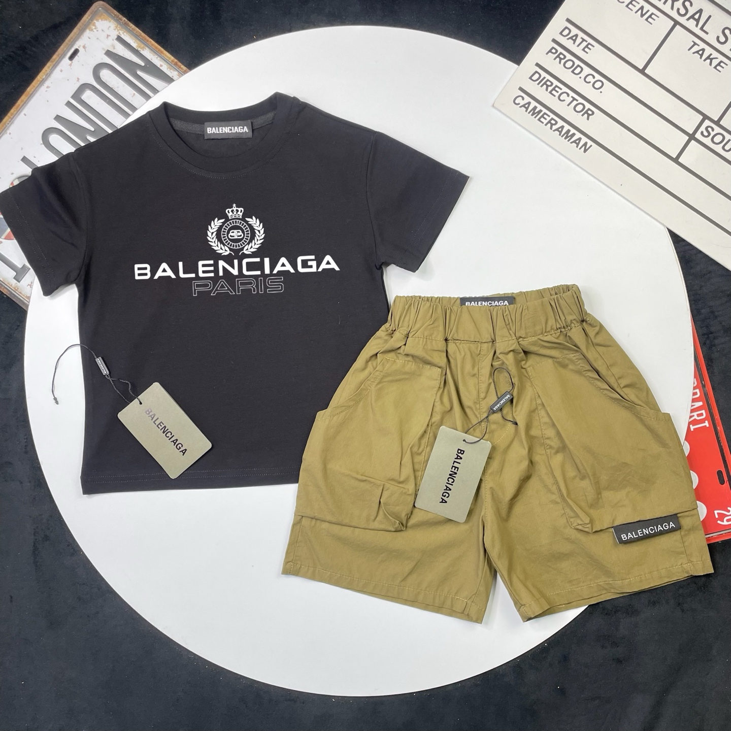 Balenciaga Unisex Kids Black Crown Wreath Paris Logo Short Sleeve T-Shirt & Khaki Big Pocket Cargo Shorts 2 Piece Set Boys Girls Sizes 90-150