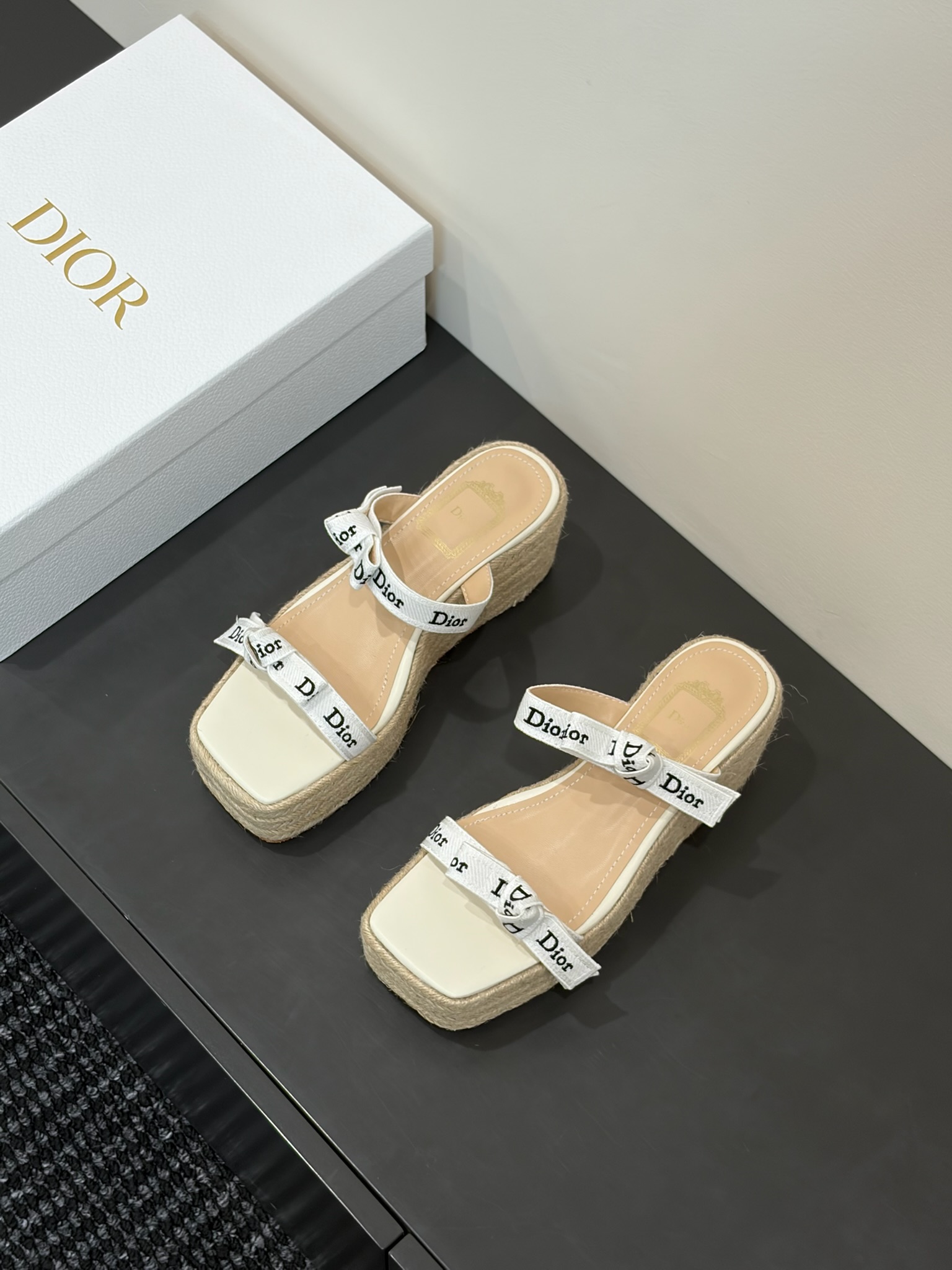 Dior white Shoes DIOR J Adior Wedge Slide with Straps White Embroidered Cotton and Natural Raffia #386876 View 2 | Nigo Offic