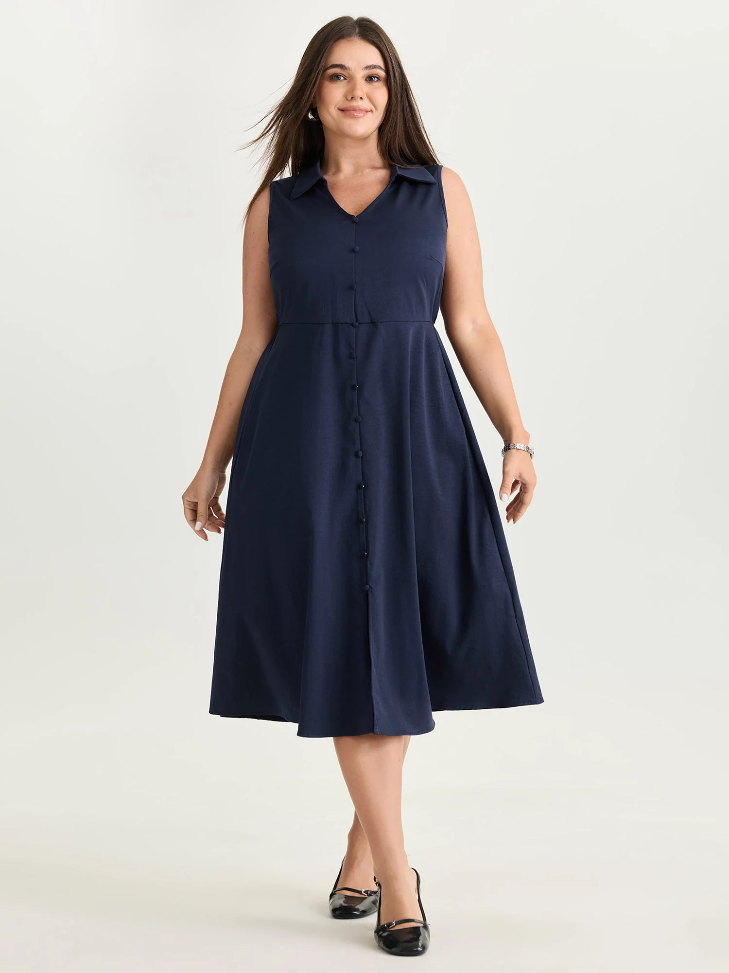 Collar Pockets Button Detail Midi Dress